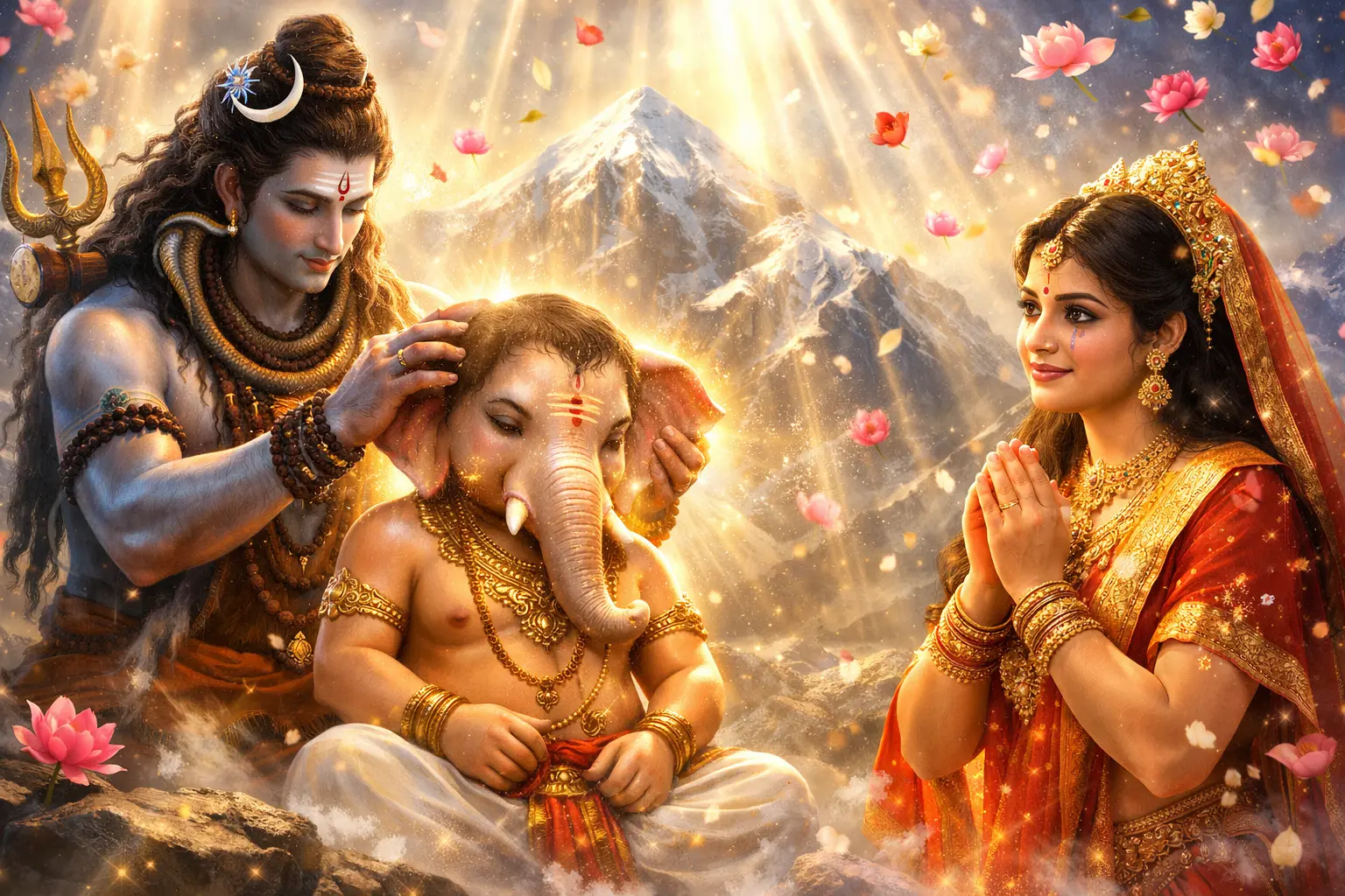 Shiv placing elephant head on Ganesha