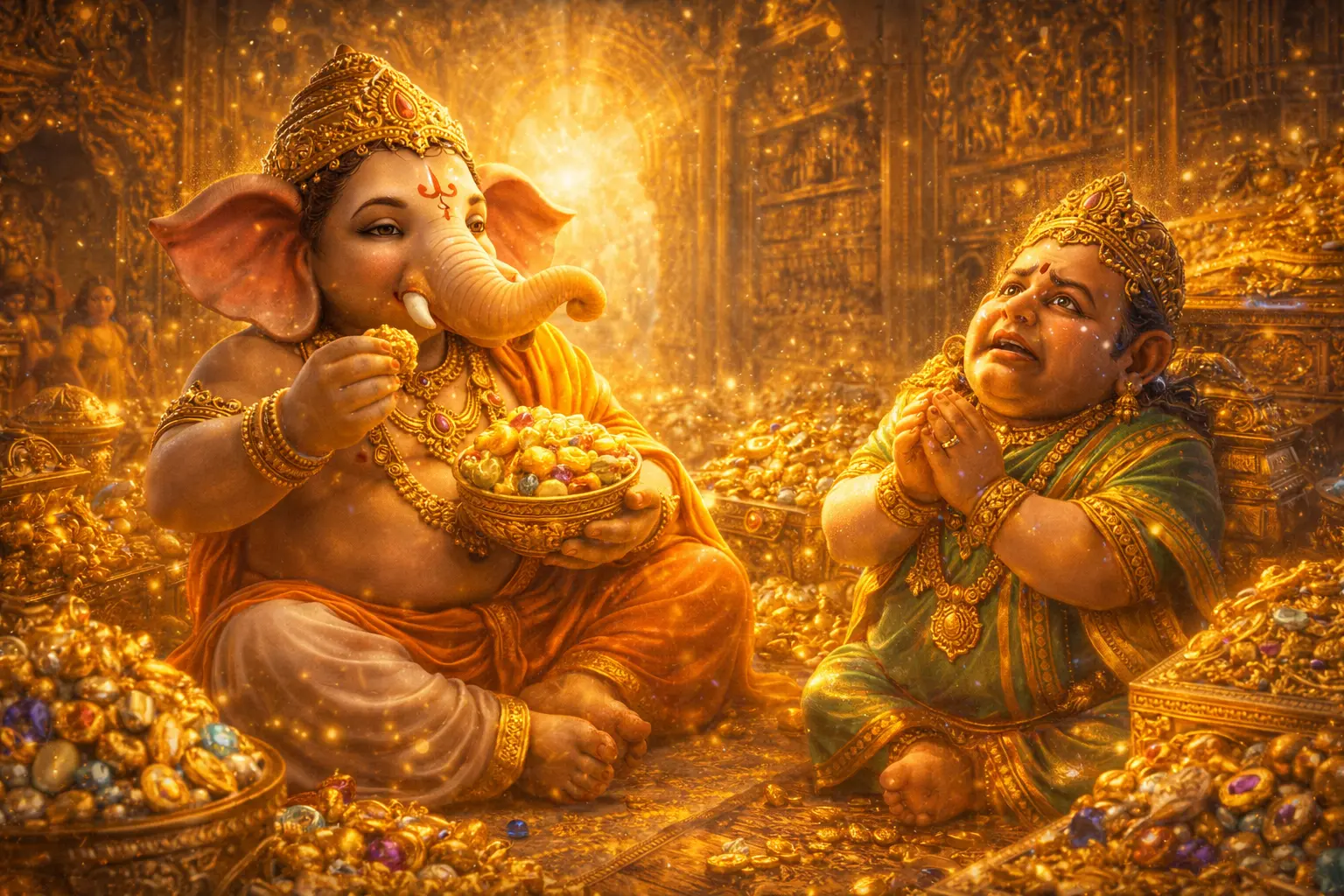 Ganesha eating at Kubera's feast in Alakapuri