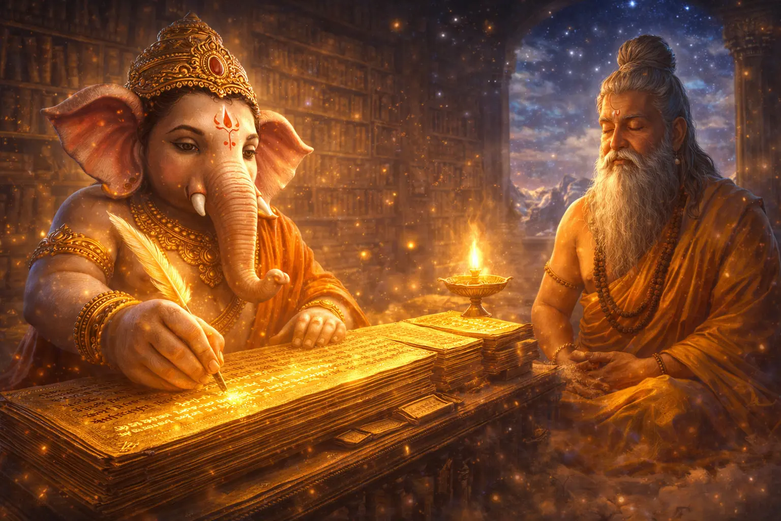 Ganesha writing Mahabharat with his broken tusk