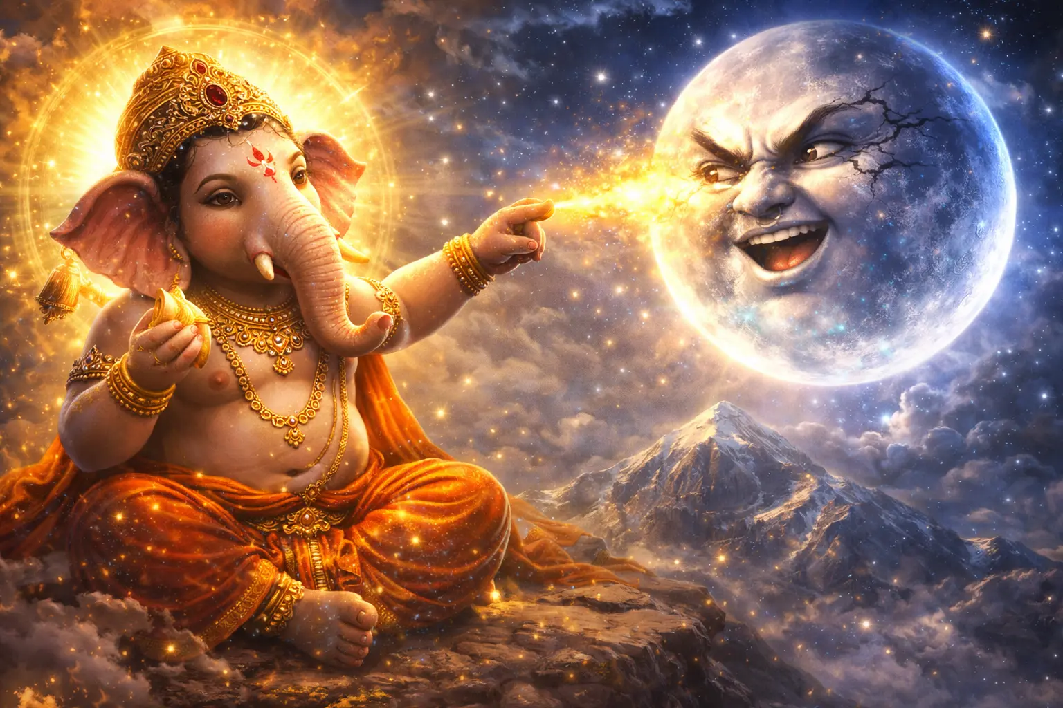 Ganesha pointing at the laughing moon