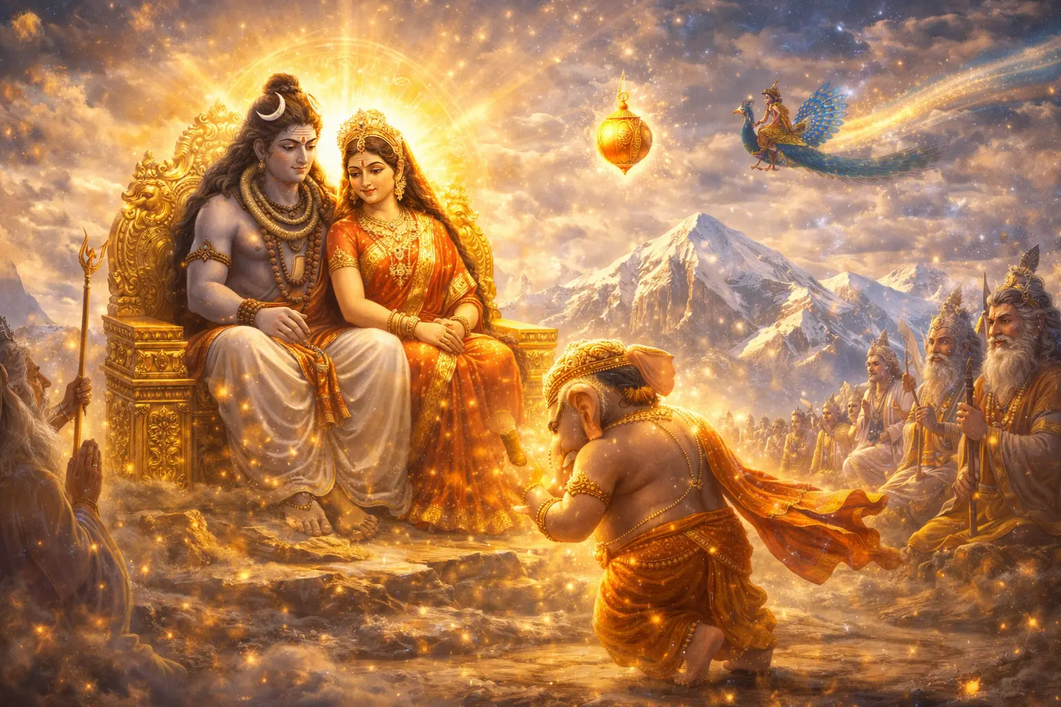 Ganesha circling Shiv and Parvati while Kartikeya flies away
