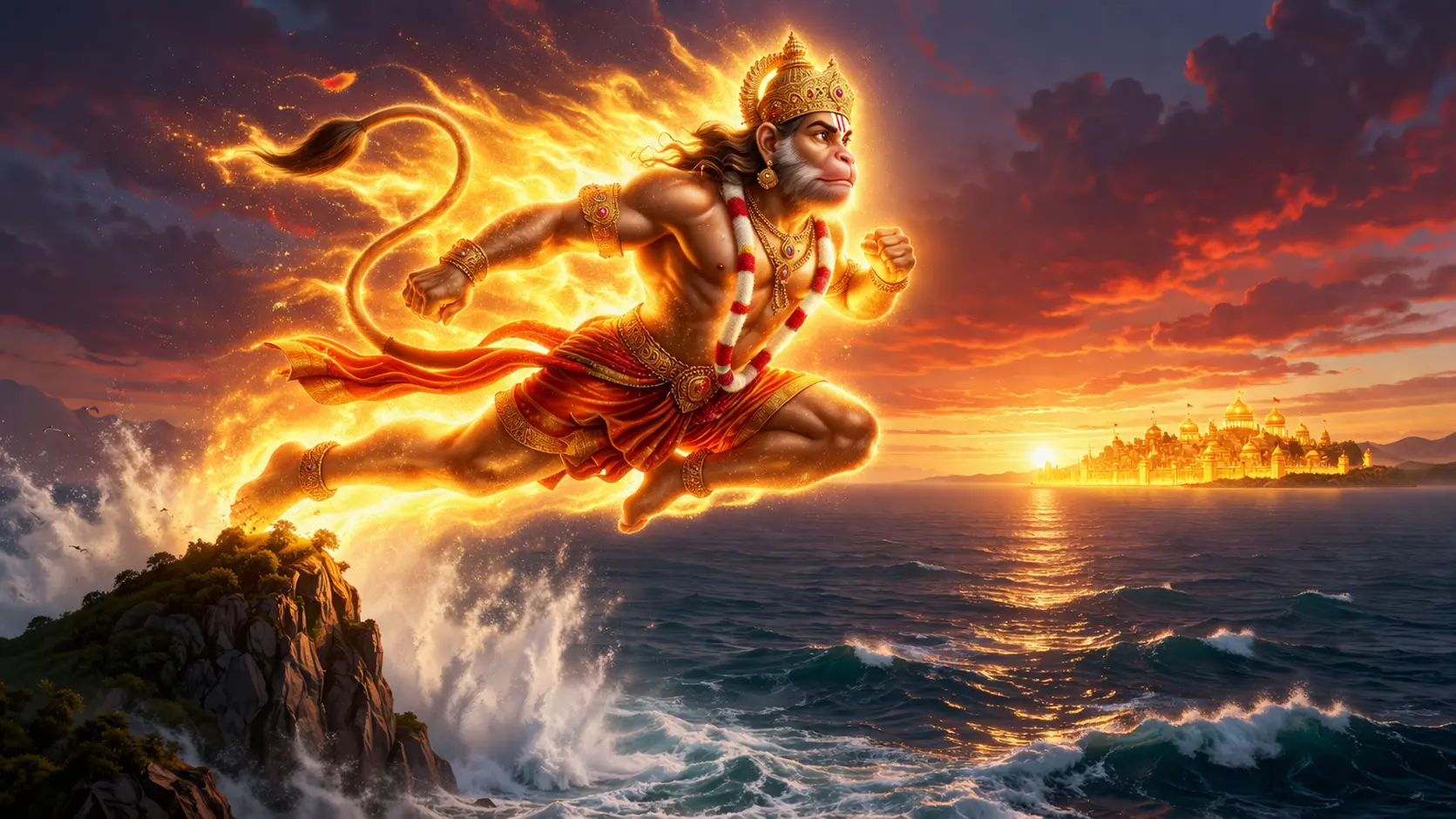 Hanumanji leaping across the ocean to Lanka