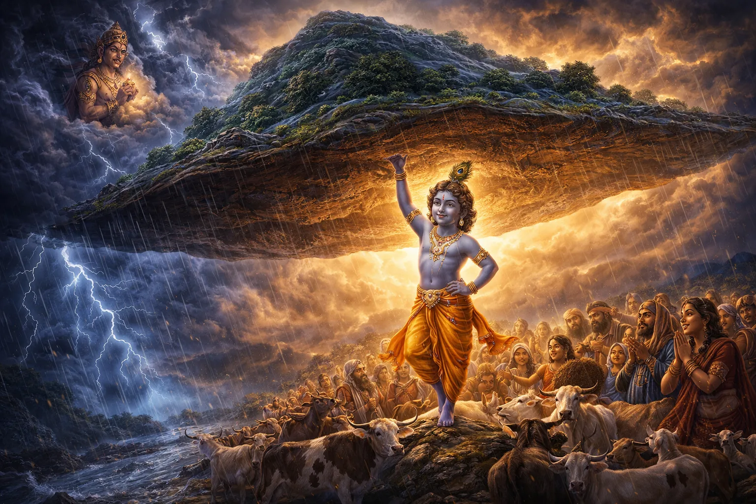 Krishnaji lifting Govardhan Parvat