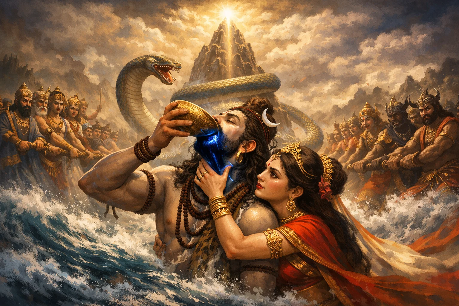 Shivji drinking the Halahala poison from Samudra Manthan